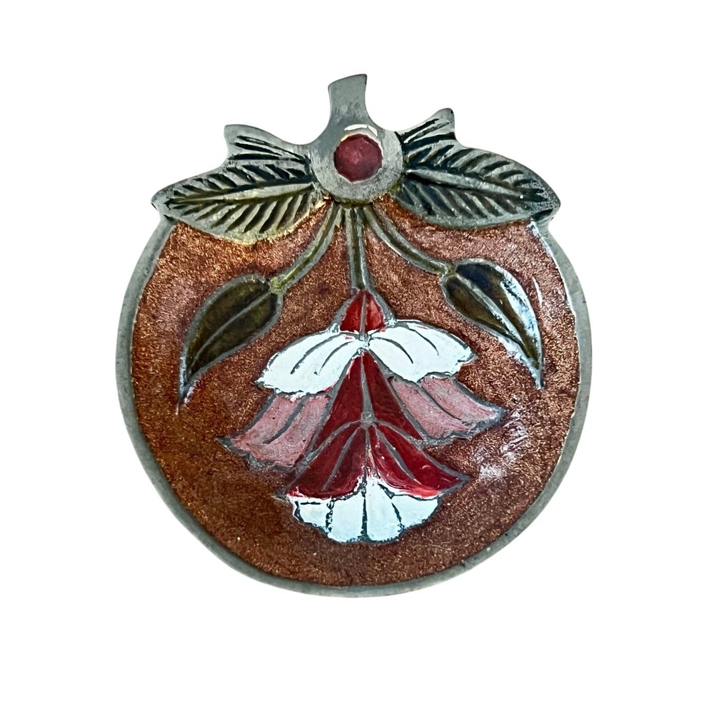 Vintage Brass Home Decor Enamel Trinket Dish Round Floral Design Art Nouveau